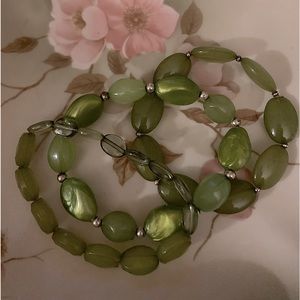 3 Green Beaded Stretch Bracelets.
